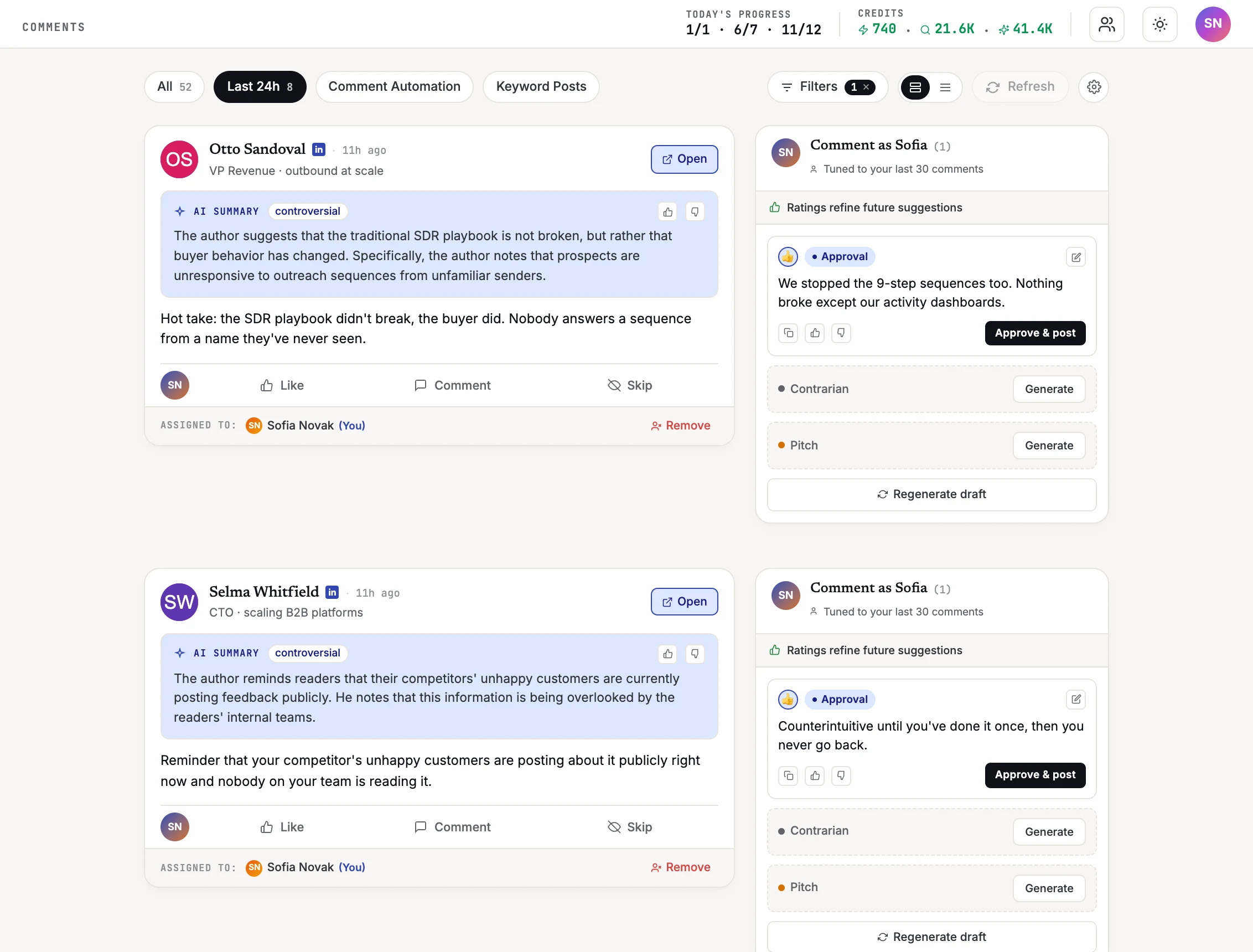 The Comments screen in GTM Brigade: a summarised watchlist post beside an approval draft with an Approve & post button, plus contrarian and pitch angles to generate