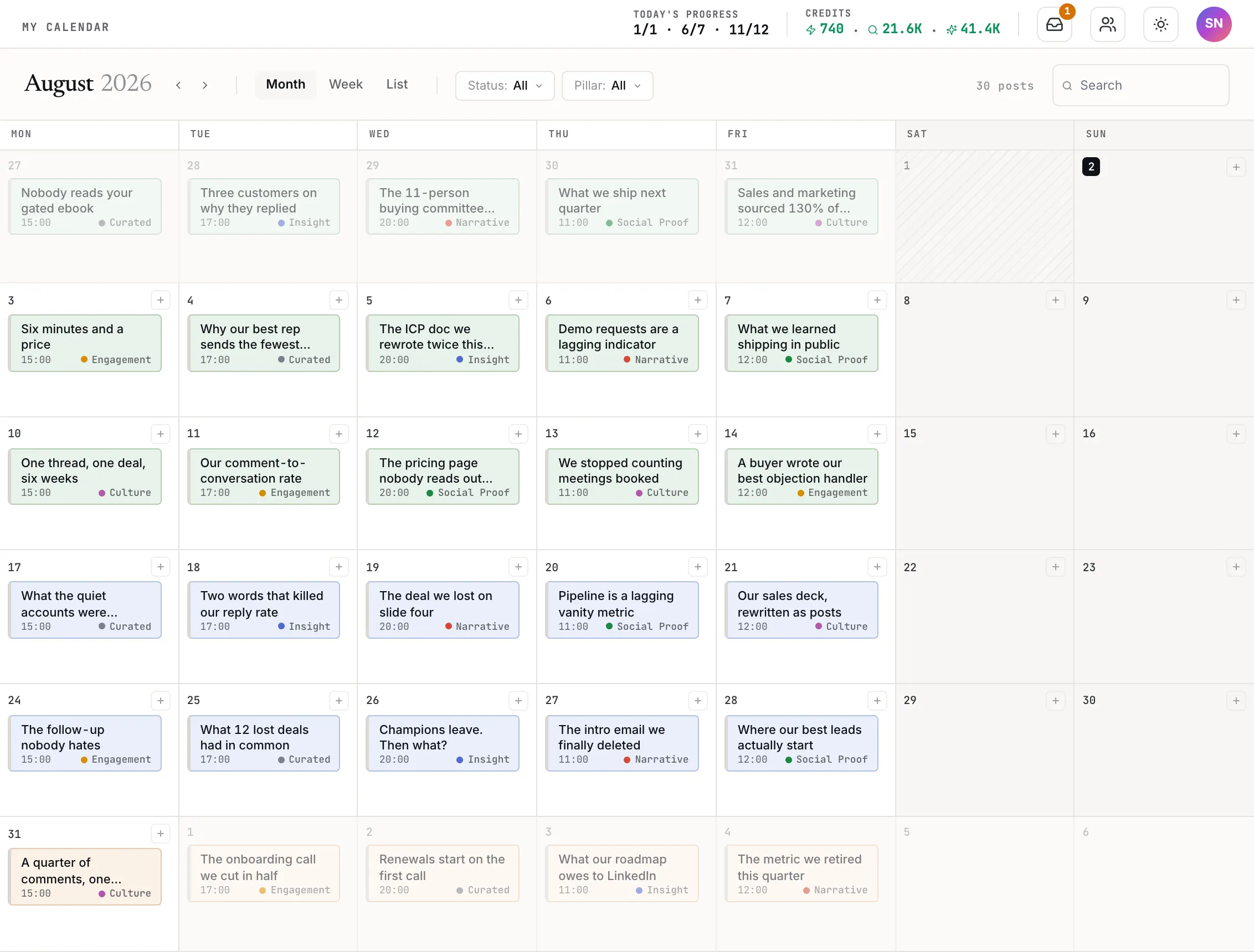 My Calendar in GTM Brigade: a month of weekday posts marked published, scheduled or draft, each with a time and a pillar colour